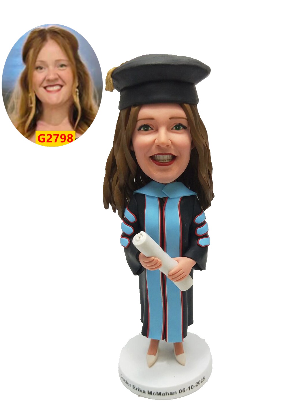Custom Bobblehead Graduate Girl Holding Diploma – Personalized Graduation Gown in Any Color Custom Bobblehead Graduate Girl Holding Diploma – Personalized Graduation Gown in Any Color